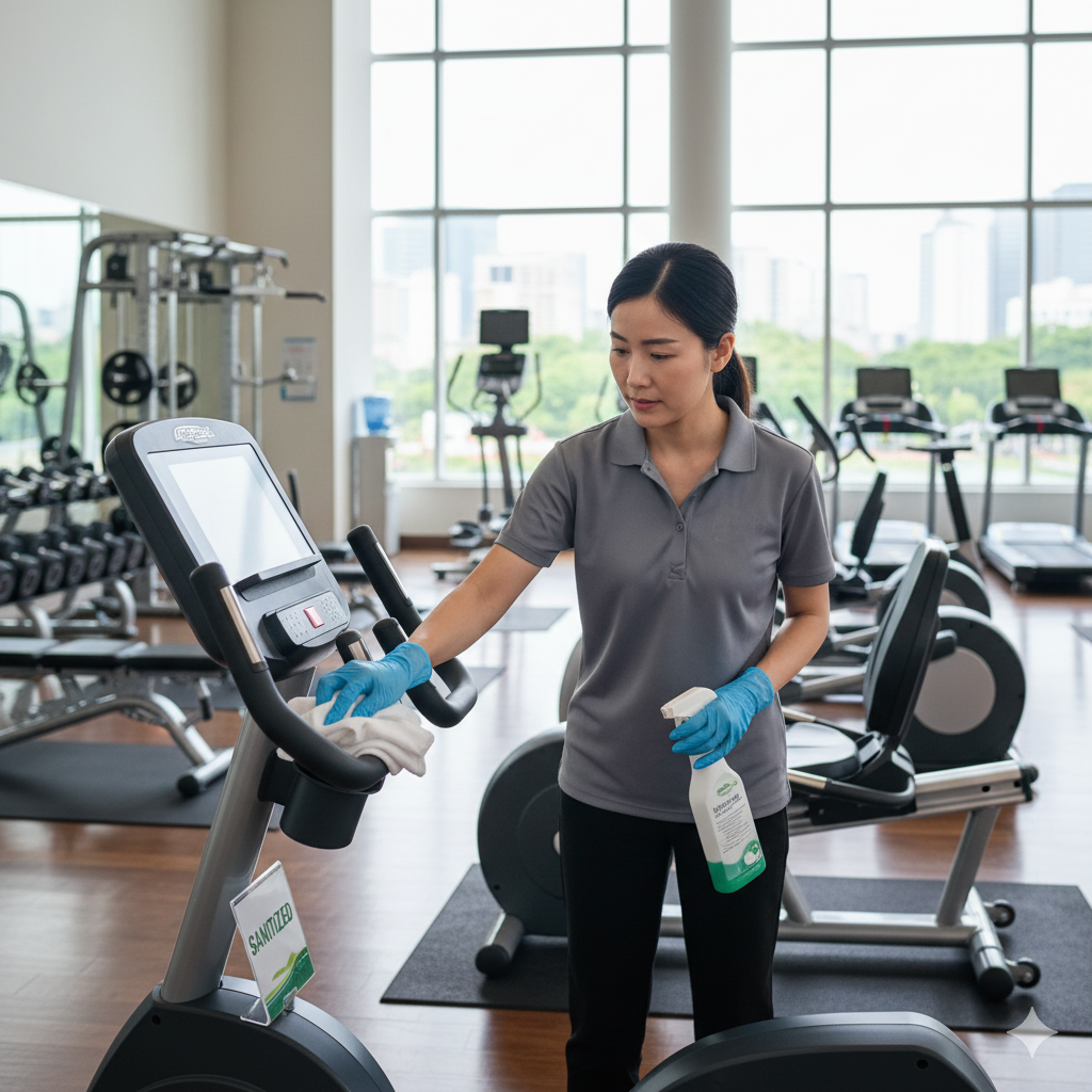 desinfektion von fitnessgeräten in einem hotelgym.