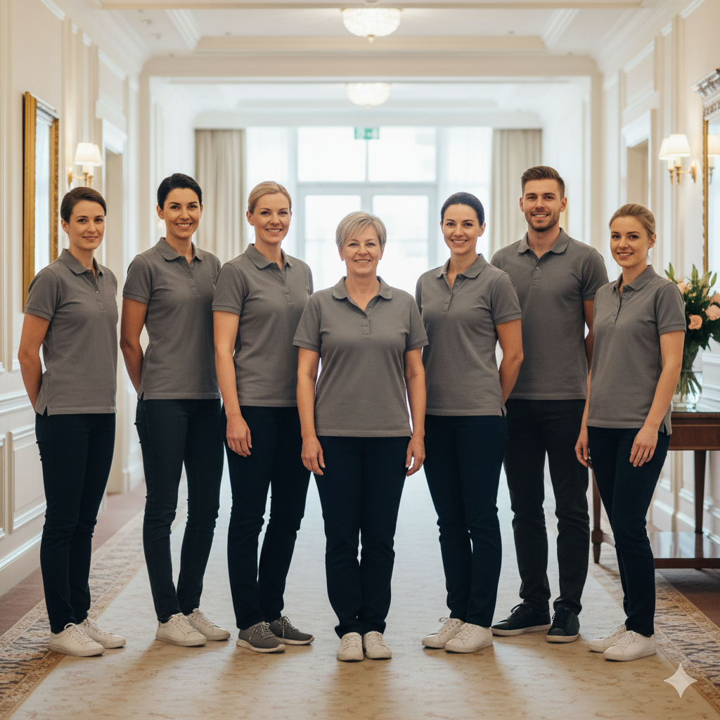 ein team von frauen und männern in professioneller arbeitskleidung, die in einem hellen hotelflur zusammenstehen und freundlichkeit sowie teamgeist ausstrahlen.