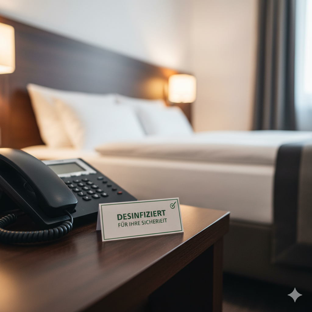 ein frisch desinfiziertes telefon auf dem nachttisch.