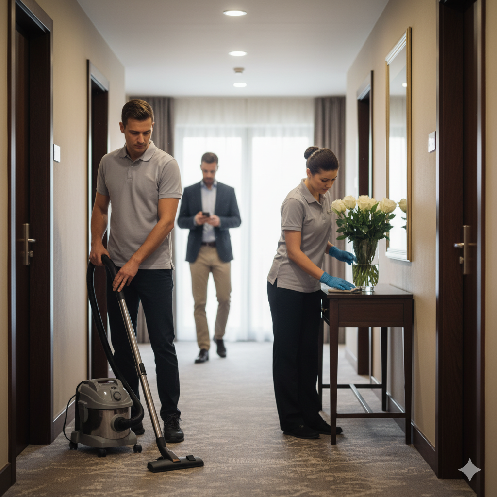mitarbeiter, die diskret und effizient einen hotelflur reinigen, während gäste vorbeigehen.