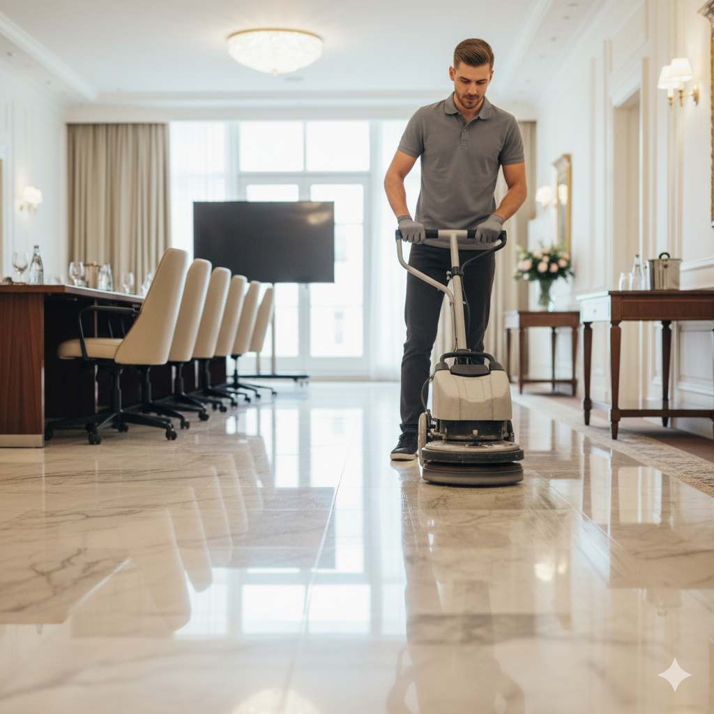 reinigung und pflege von fußböden (z.b. parkett oder marmor) in einem konferenzraum.