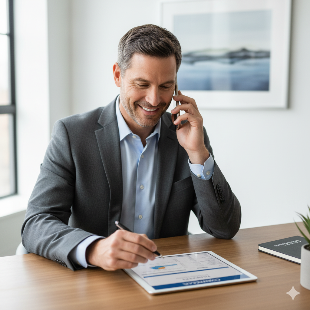 reinigungsfirmen chef nimmt telefonanruf von hotel chef entgegen.